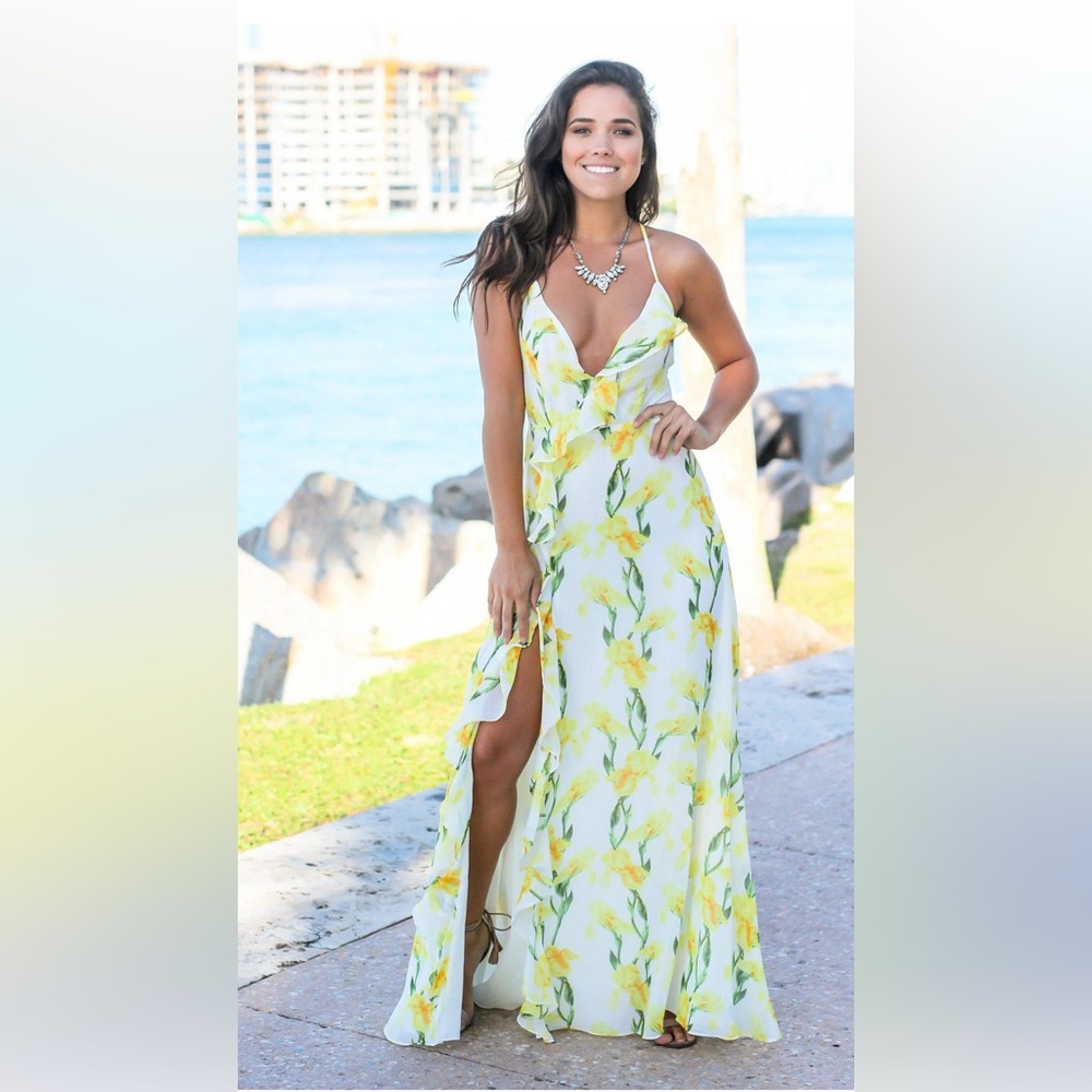 like new blush boutique White and Yellow Slit Maxi Sundress